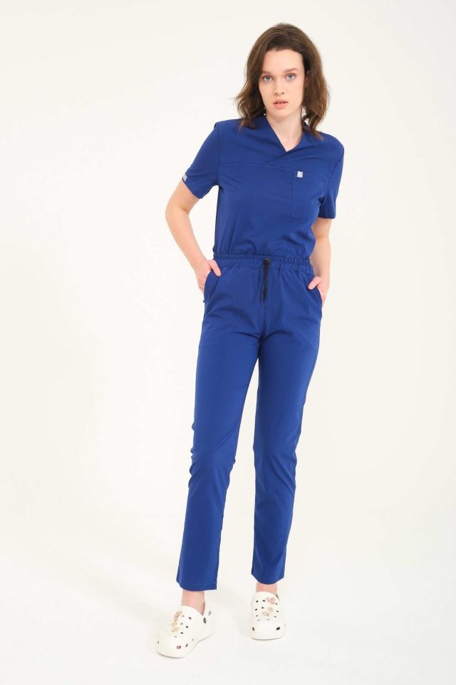 Saks Mavi Likralı Zarf Yaka Scrubs Doktor Hemşire Forması Takım 2XS