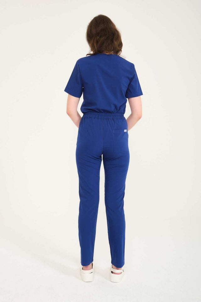 Saks Mavi Likralı Zarf Yaka Scrubs Doktor Hemşire Forması Takım 2XL