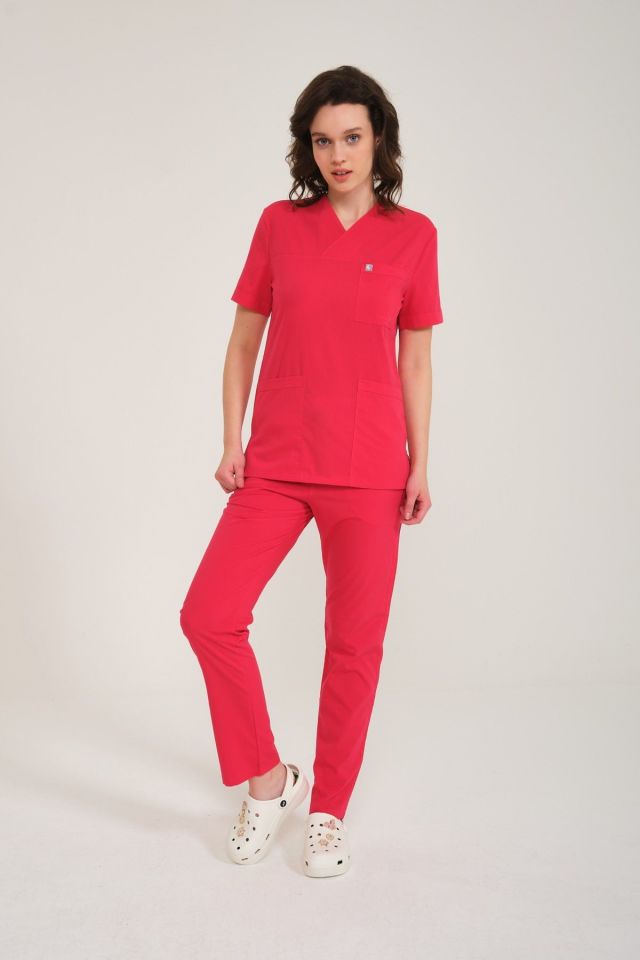 Nar Çiçeği Likralı Zarf Yaka Scrubs Doktor Hemşire Forması Takım 2XS