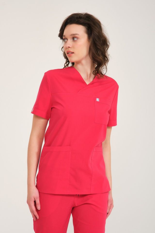 Nar Çiçeği Likralı Zarf Yaka Scrubs Doktor Hemşire Forması Takım 2XS