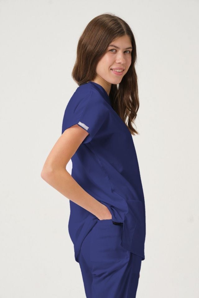 Fırtına Mavi Likralı Scrubs Doktor Hemşire Forması Yarasa Kol Tek Üst Unisex XS