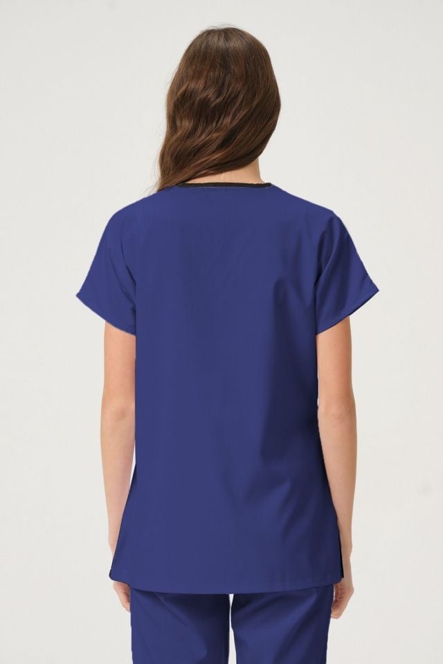 Fırtına Mavi Likralı Scrubs Doktor Hemşire Forması Yarasa Kol Tek Üst Unisex XS