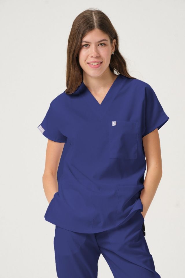 Fırtına Mavi Likralı Scrubs Doktor Hemşire Forması Yarasa Kol Tek Üst Unisex M