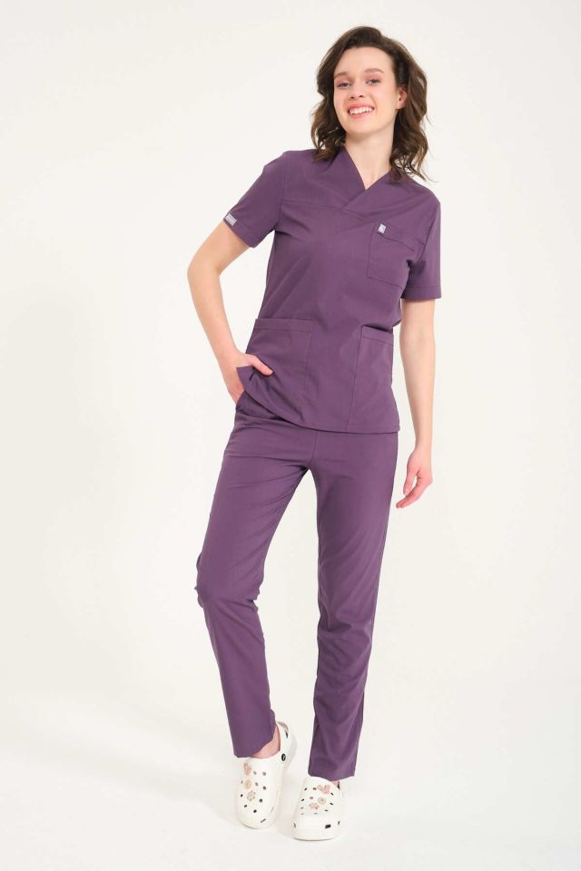 Mürdüm Likralı Zarf Yaka Scrubs Doktor Hemşire Forması Takım 2XS
