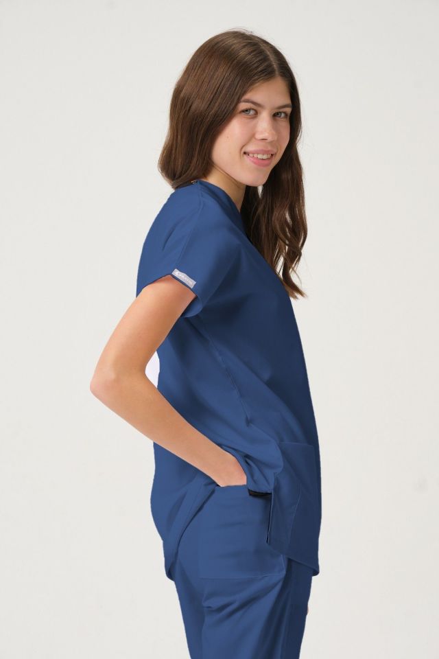 İndigo Likralı Scrubs Doktor Hemşire Forması Yarasa Kol Tek Üst Unisex XXS