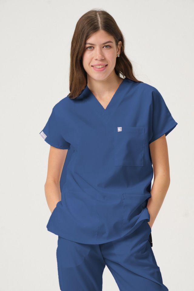 İndigo Likralı Scrubs Doktor Hemşire Forması Yarasa Kol Tek Üst Unisex S