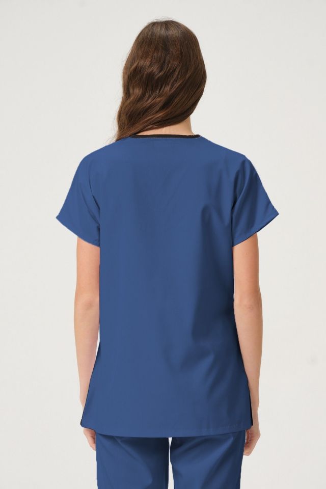 İndigo Likralı Scrubs Doktor Hemşire Forması Yarasa Kol Tek Üst Unisex XL