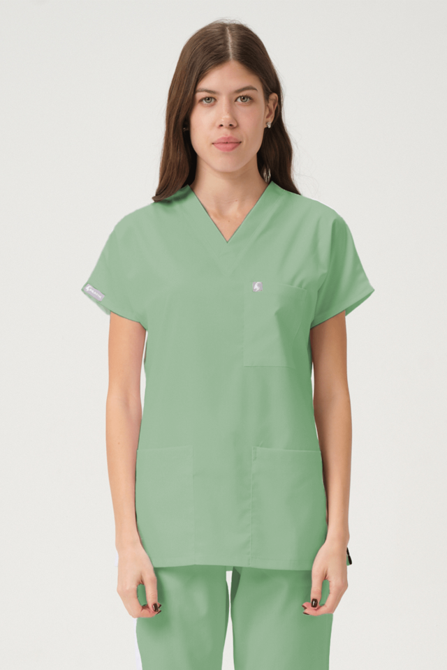 Çağla Yeşili Likralı Scrubs Doktor Hemşire Forması Yarasa Kol Tek Üst Unisex XS