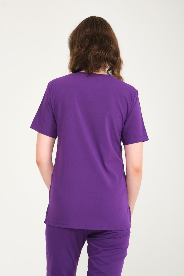 Mor Likralı Zarf Yaka Scrubs Doktor Hemşire Forması Takım L