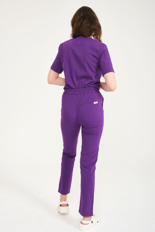 Mor Likralı Zarf Yaka Scrubs Doktor Hemşire Forması Takım L