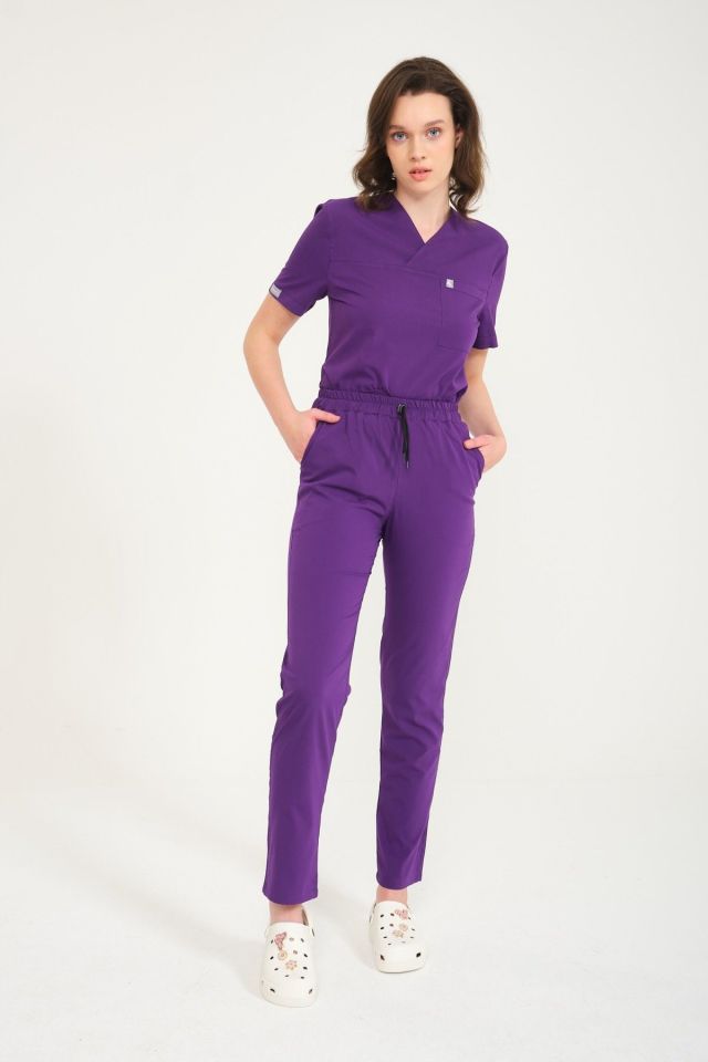 Mor Likralı Zarf Yaka Scrubs Doktor Hemşire Forması Takım 2XL