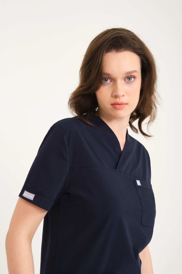 Lacivert Likralı Zarf Yaka Scrubs Doktor Hemşire Forması Takım XS