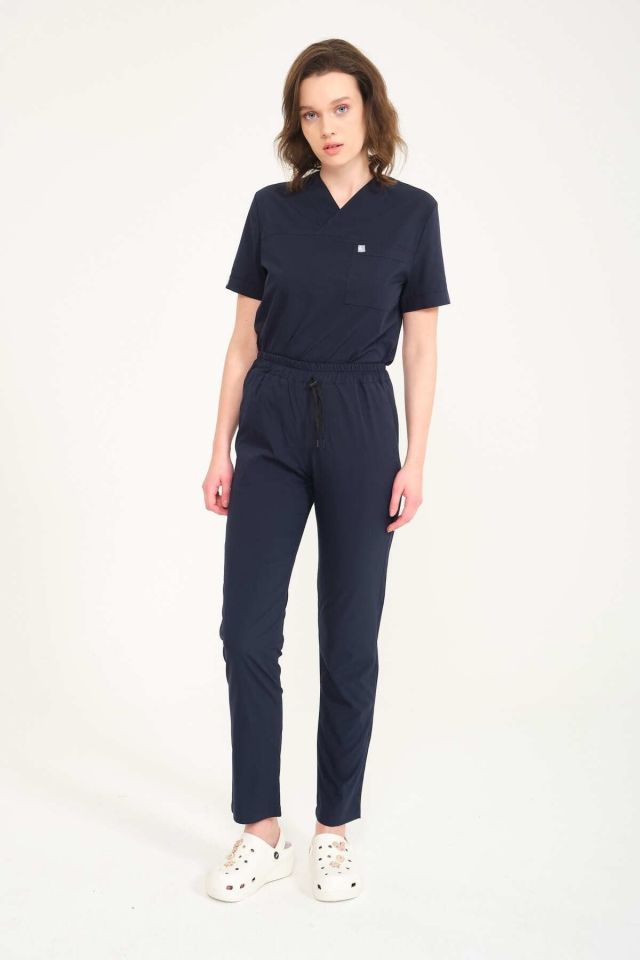 Lacivert Likralı Zarf Yaka Scrubs Doktor Hemşire Forması Takım XS