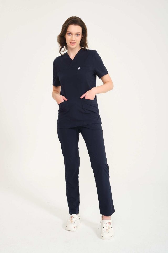 Lacivert Likralı Zarf Yaka Scrubs Doktor Hemşire Forması Takım XS