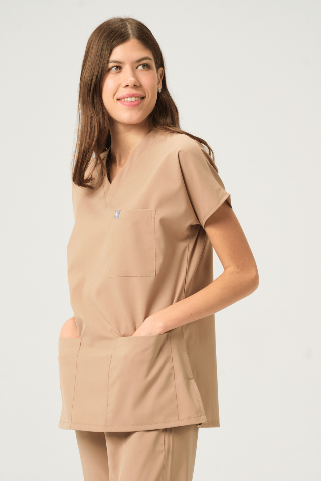 Bej Likralı Scrubs Doktor Hemşire Forması Yarasa Kol Tek Üst Unisex XS