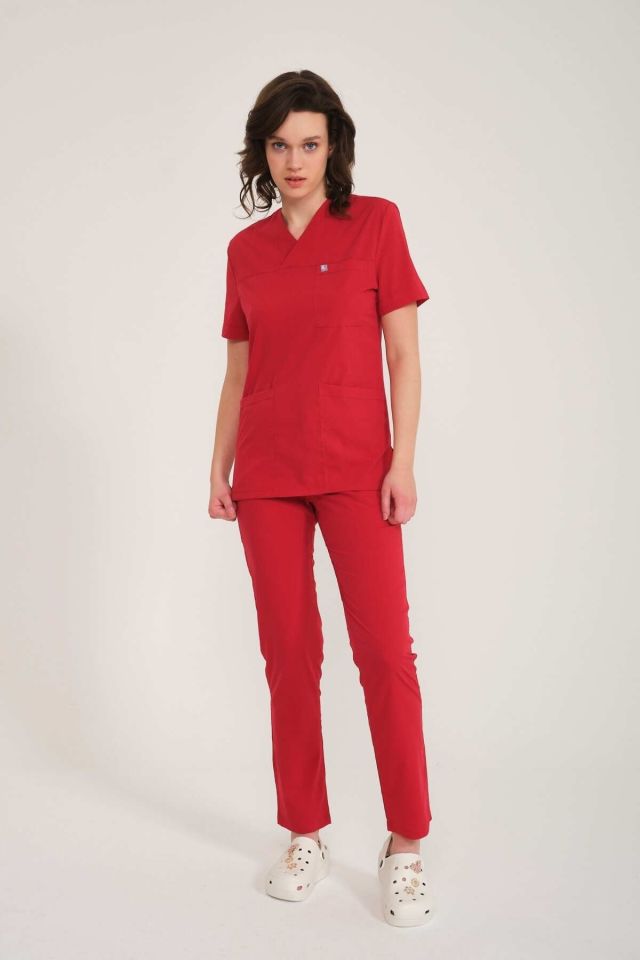 Kırmızı Likralı Zarf Yaka Scrubs Doktor Hemşire Forması Takım XS