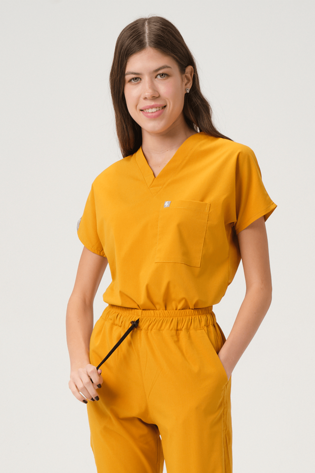 Hardal Likralı Scrubs Doktor Hemşire Forması Yarasa Kol Tek Üst Unisex XS