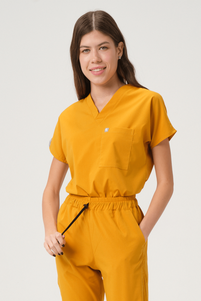 Hardal Likralı Scrubs Doktor Hemşire Forması Yarasa Kol Tek Üst Unisex XS