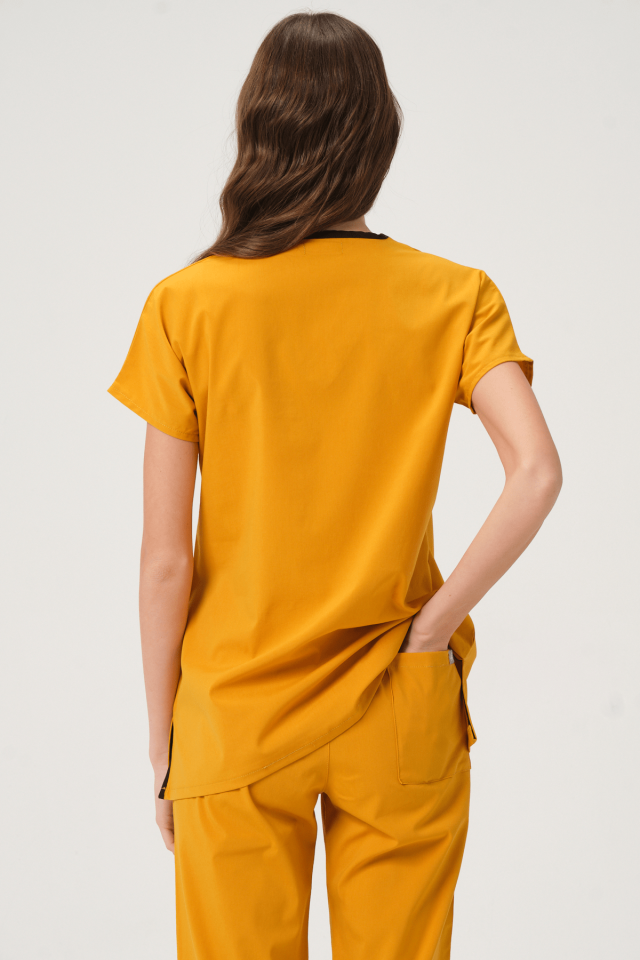 Hardal Likralı Scrubs Doktor Hemşire Forması Yarasa Kol Tek Üst Unisex XS