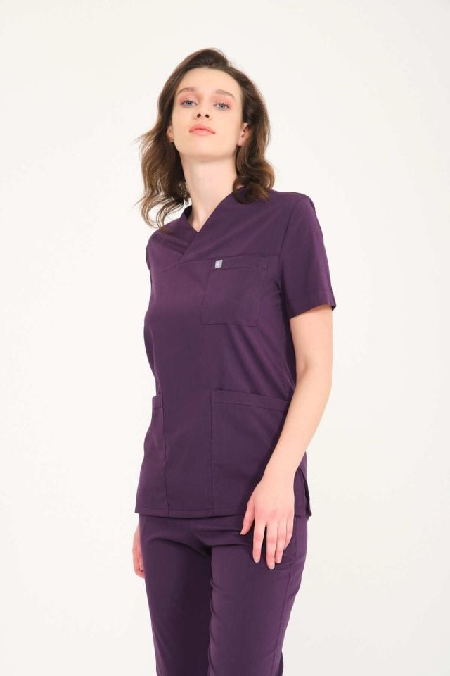 Koyu Mor Likralı Zarf Yaka Scrubs Doktor Hemşire Forması Takım 2XS