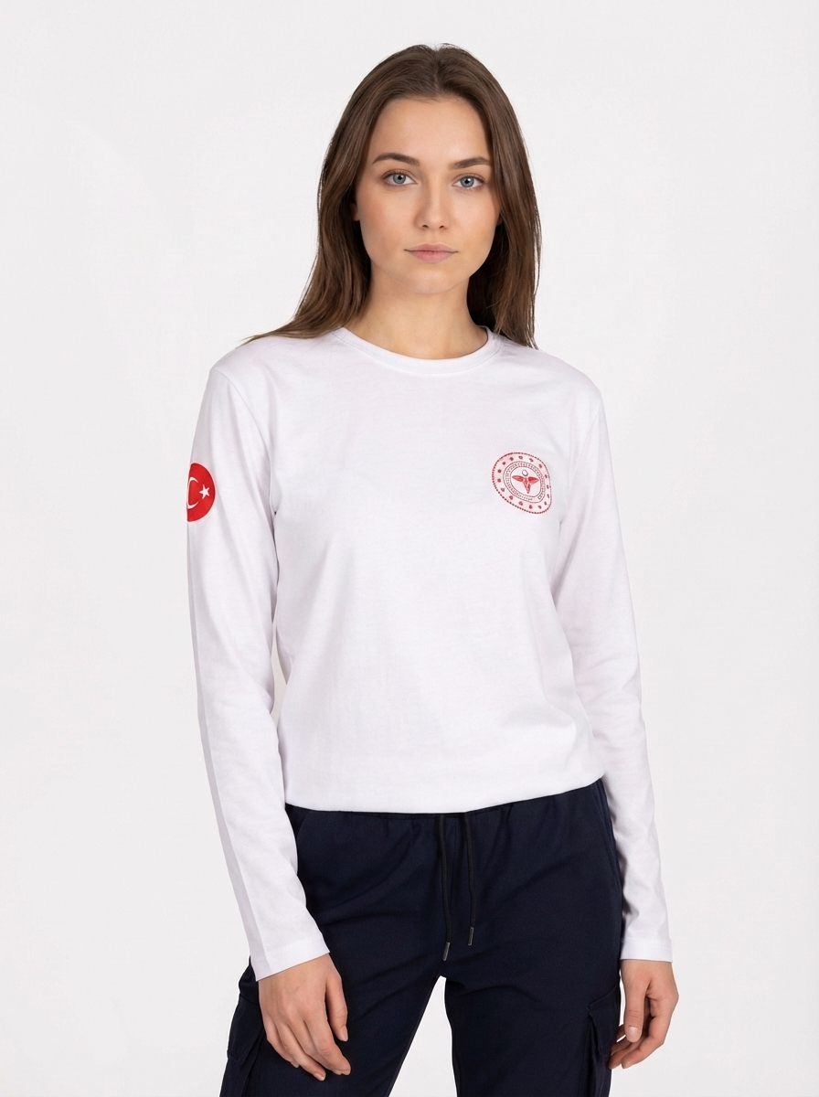 Beyaz 112 Acil Sağlık Bisiklet Yaka Uzun Kollu Penye Tişört Unisex