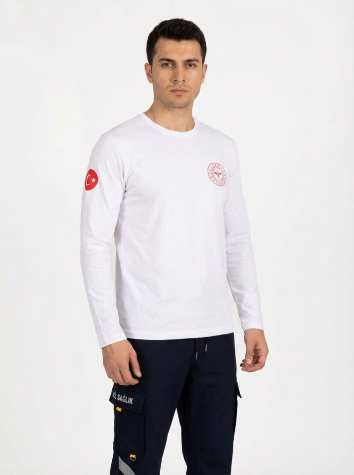 Beyaz 112 Acil Sağlık Bisiklet Yaka Uzun Kollu Penye Tişört Unisex