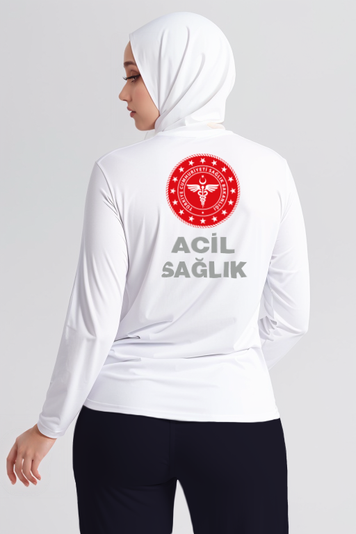 Beyaz 112 Acil Sağlık Bisiklet Yaka Uzun Kollu Penye Tişört Unisex