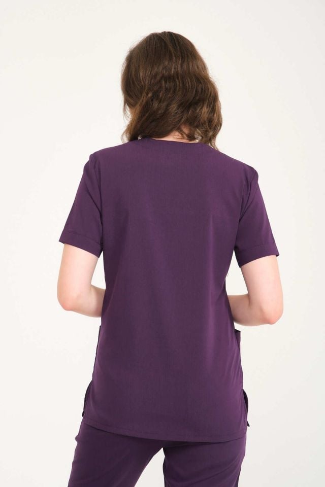 Koyu Mor Likralı Zarf Yaka Scrubs Doktor Hemşire Forması Takım 2XL