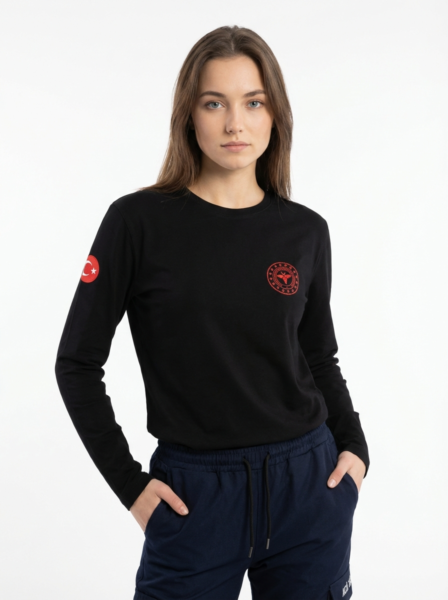 Siyah 112 Acil Sağlık Bisiklet Yaka Uzun Kollu Penye Tişört Unisex