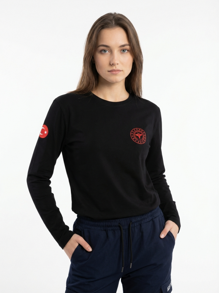 Siyah 112 Acil Sağlık Bisiklet Yaka Uzun Kollu Penye Tişört Unisex