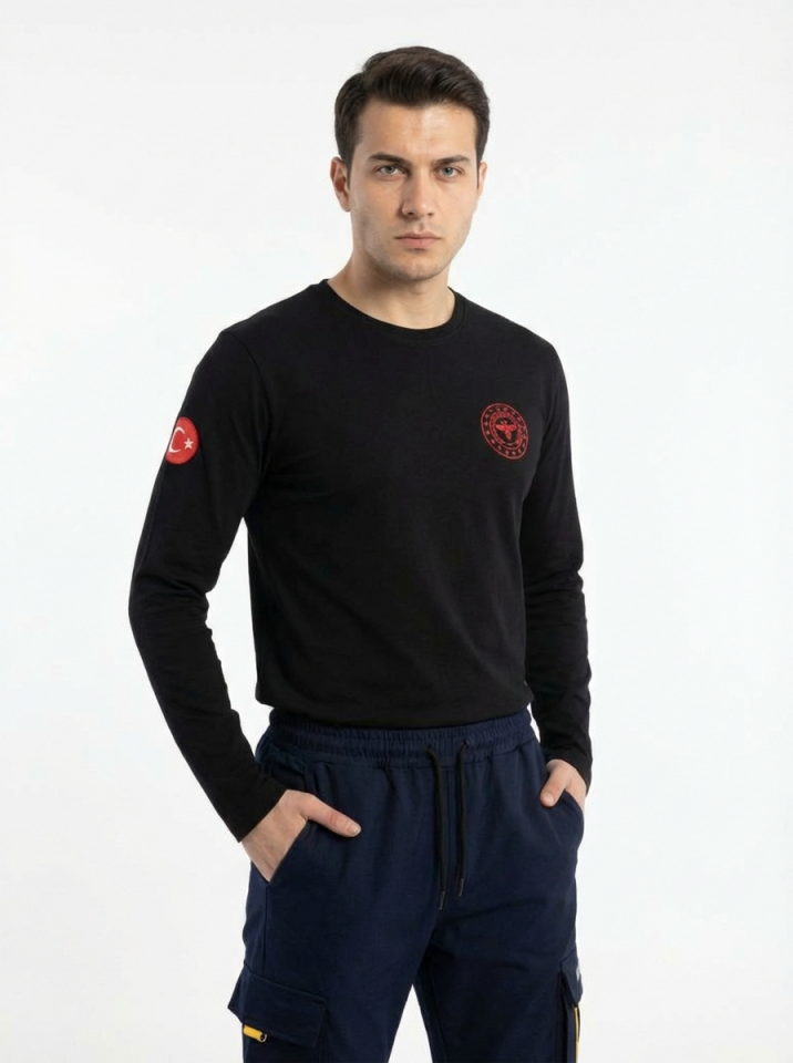 Siyah 112 Acil Sağlık Bisiklet Yaka Uzun Kollu Penye Tişört Unisex