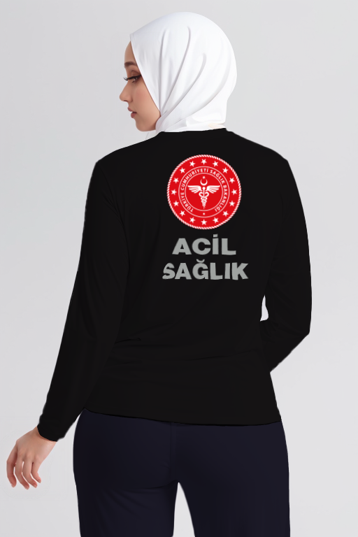 Siyah 112 Acil Sağlık Bisiklet Yaka Uzun Kollu Penye Tişört Unisex