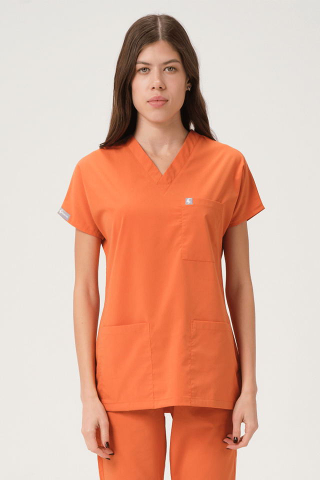 Somon Likralı Scrubs Doktor Hemşire Forması Yarasa Kol Tek Üst Unisex XL