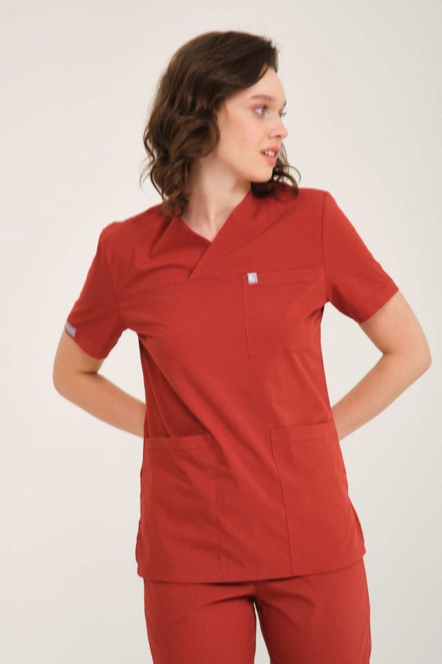 Kiremit Likralı Zarf Yaka Scrubs Doktor Hemşire Forması Takım M