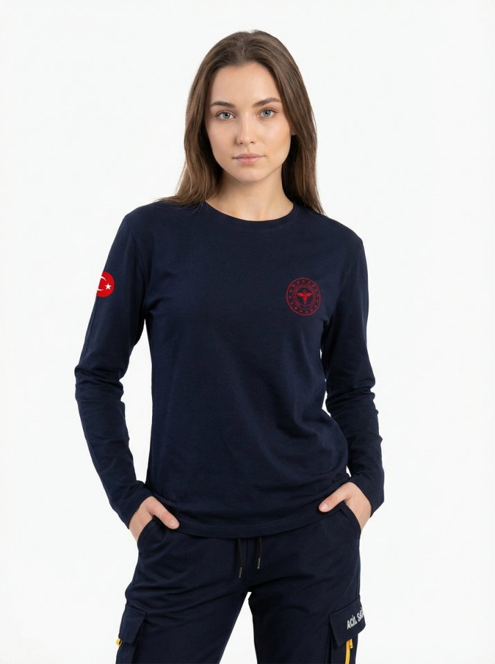 Lacivert 112 Acil Sağlık Bisiklet Yaka Uzun Kollu Penye Tişört Unisex