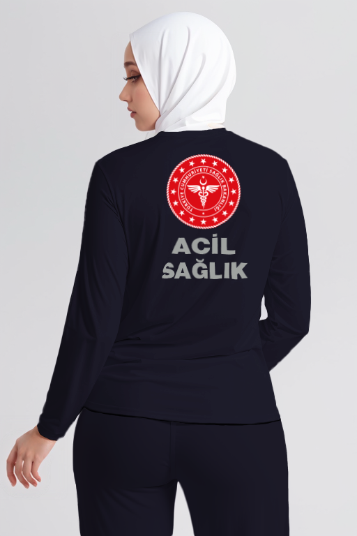 Lacivert 112 Acil Sağlık Bisiklet Yaka Uzun Kollu Penye Tişört Unisex