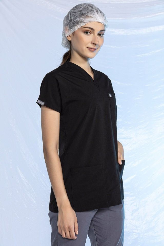Siyah Likralı Scrubs Doktor Hemşire Forması Yarasa Kol Tek Üst Unisex XS