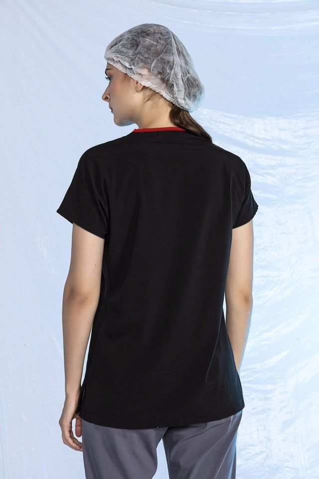 Siyah Likralı Scrubs Doktor Hemşire Forması Yarasa Kol Tek Üst Unisex XS