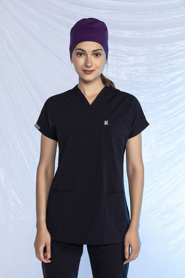 Siyah Likralı Scrubs Doktor Hemşire Forması Yarasa Kol Tek Üst Unisex XS