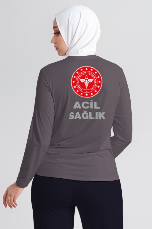 Gri 112 Acil Sağlık Bisiklet Yaka Uzun Kollu Penye Tişört Unisex