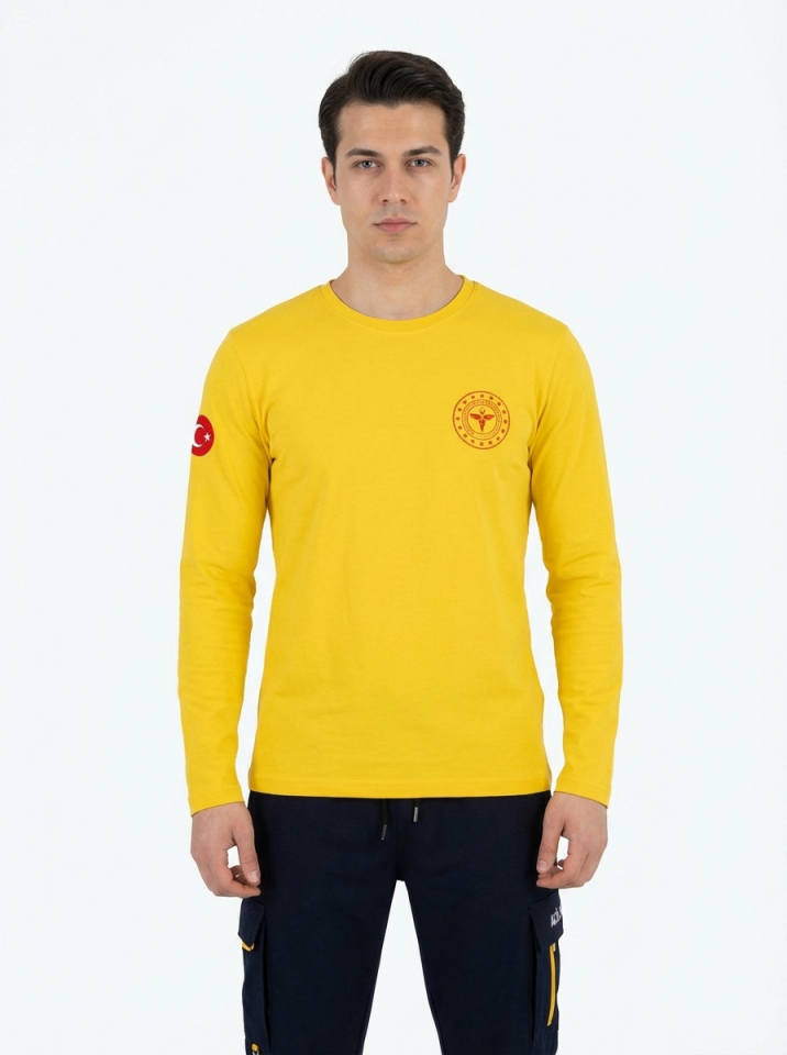 Sarı 112 Acil Sağlık Bisiklet Yaka Uzun Kollu Penye Tişört Unisex