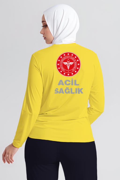 Sarı 112 Acil Sağlık Bisiklet Yaka Uzun Kollu Penye Tişört Unisex