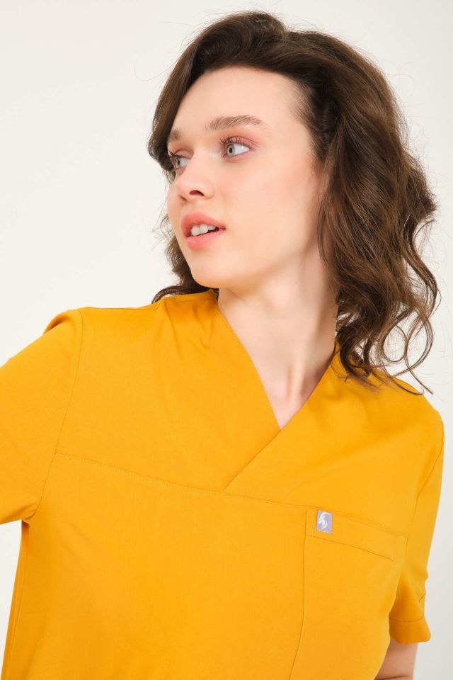 Hardal Likralı Zarf Yaka Scrubs Doktor Hemşire Forması Takım 2XL