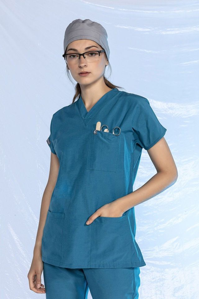 Turkuaz Likralı Scrubs Doktor Hemşire Forması Yarasa Kol Tek Üst Unisex XXL