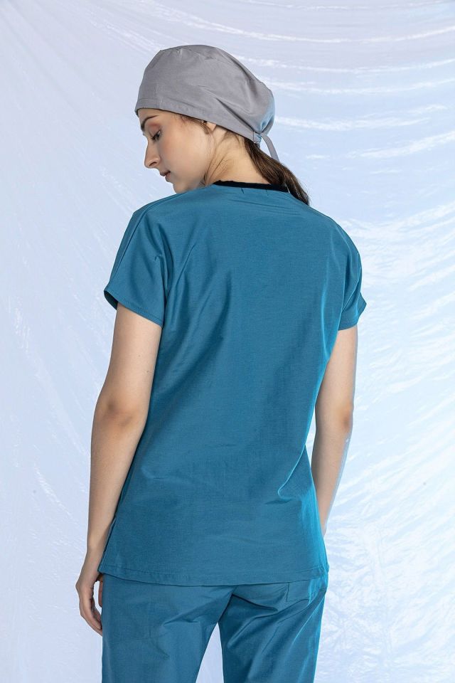 Turkuaz Likralı Scrubs Doktor Hemşire Forması Yarasa Kol Tek Üst Unisex XXL