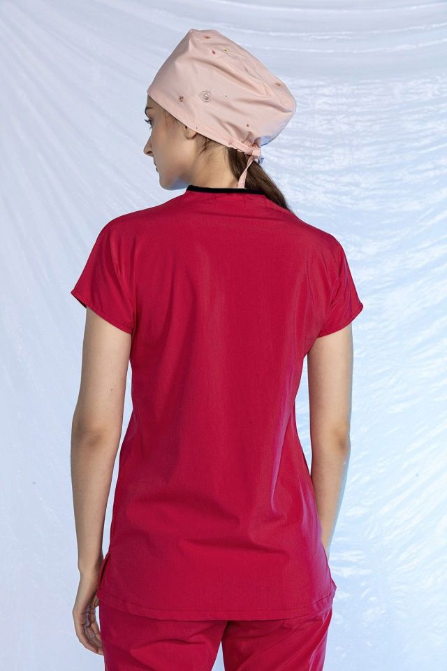 Nar Çiçeği Likralı Scrubs Doktor Hemşire Forması Yarasa Kol Tek Üst Unisex XXS