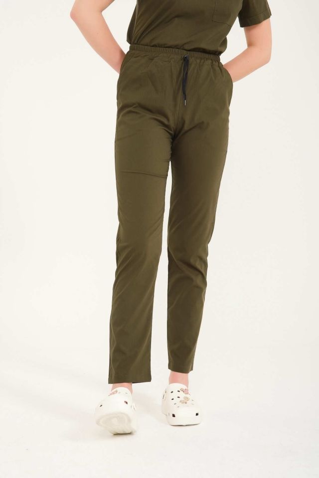 Haki Likralı Zarf Yaka Scrubs Doktor Hemşire Forması Takım M