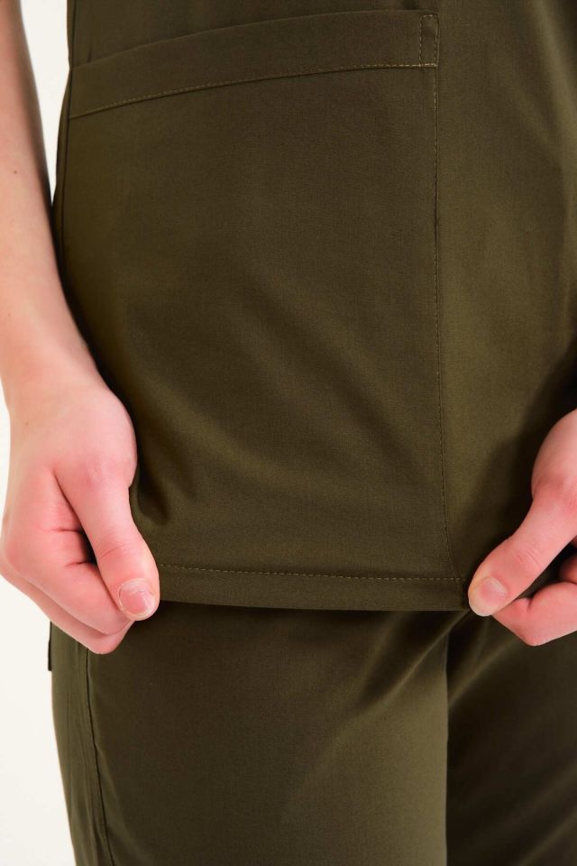 Haki Likralı Zarf Yaka Scrubs Doktor Hemşire Forması Takım M