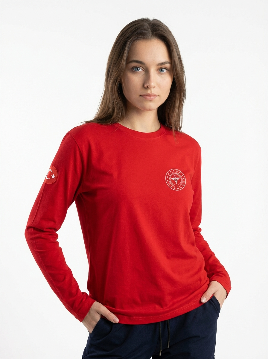 Kırmızı 112 Acil Sağlık Bisiklet Yaka Uzun Kollu Penye Tişört Unisex