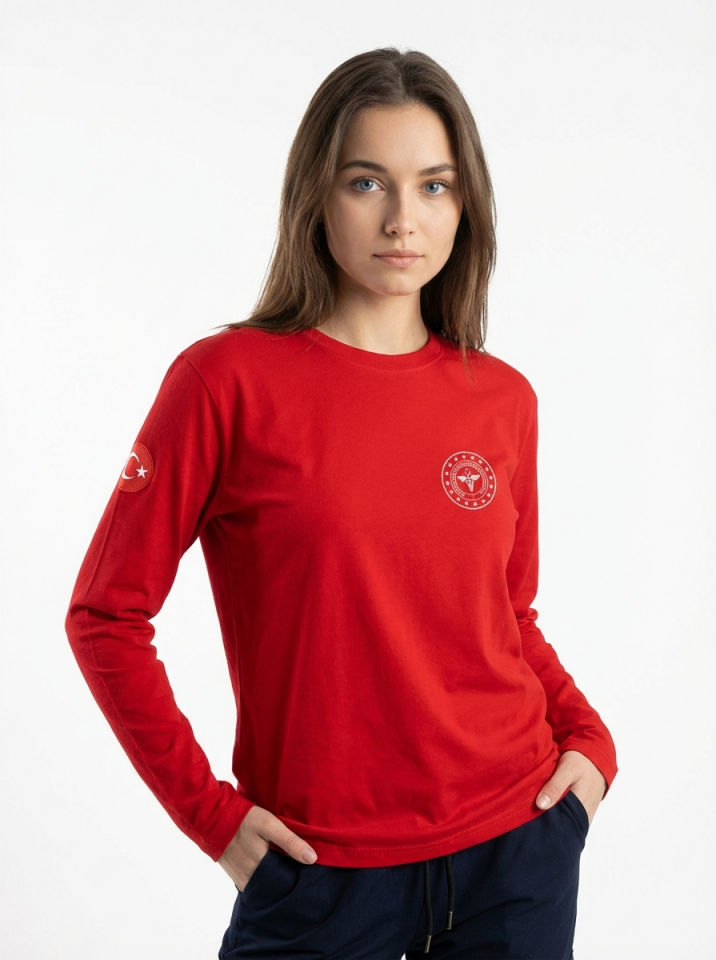 Kırmızı 112 Acil Sağlık Bisiklet Yaka Uzun Kollu Penye Tişört Unisex